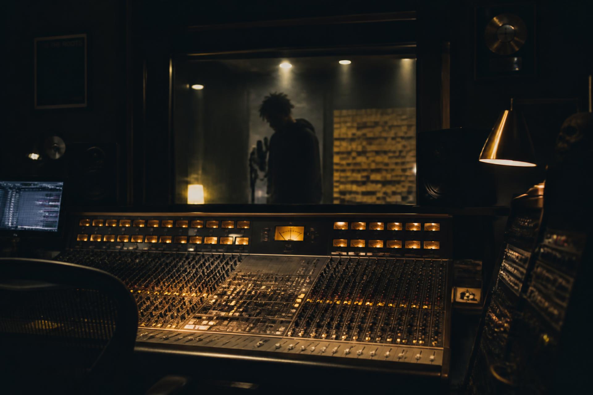 Dark studio control room with a glowing mixing console and an artist in the vocal booth